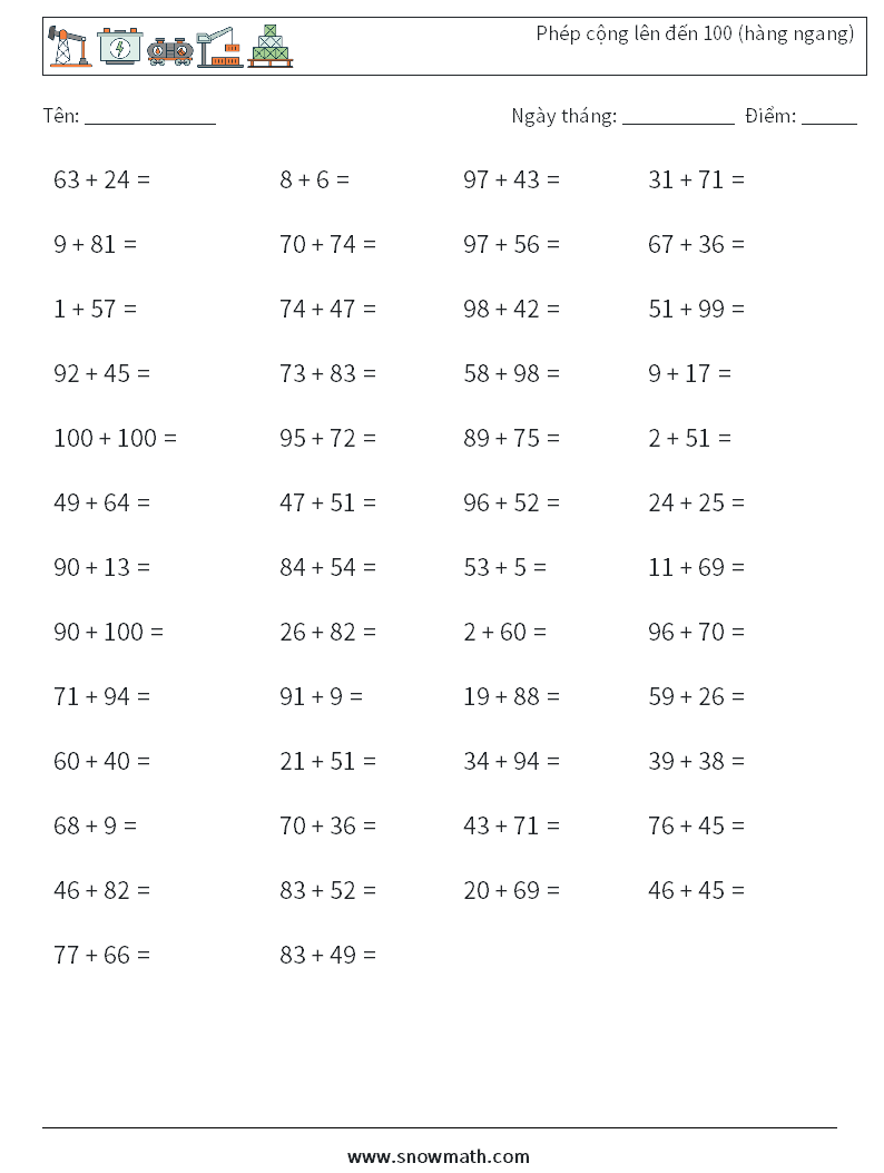 (50) Phép cộng lên đến 100 (hàng ngang) Bảng tính toán học 3