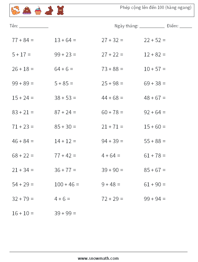 (50) Phép cộng lên đến 100 (hàng ngang) Bảng tính toán học 9