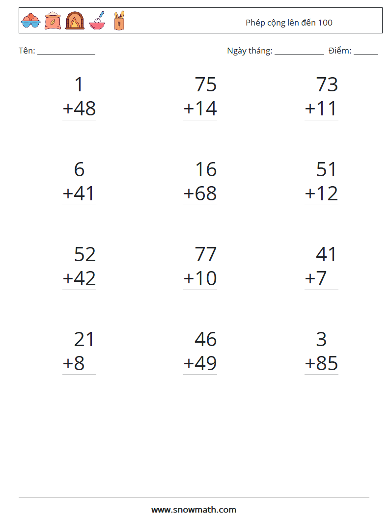 (12) Phép cộng lên đến 100 Bảng tính toán học 1