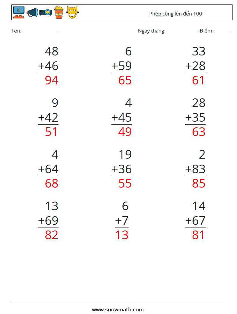 (12) Phép cộng lên đến 100 Bảng tính toán học 11 Câu hỏi, câu trả lời