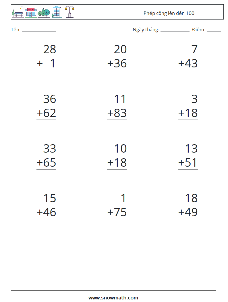 (12) Phép cộng lên đến 100 Bảng tính toán học 13