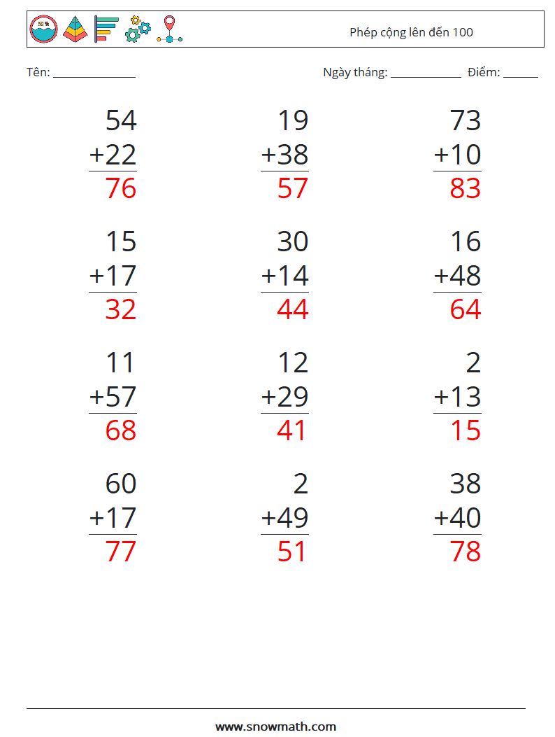 (12) Phép cộng lên đến 100 Bảng tính toán học 14 Câu hỏi, câu trả lời