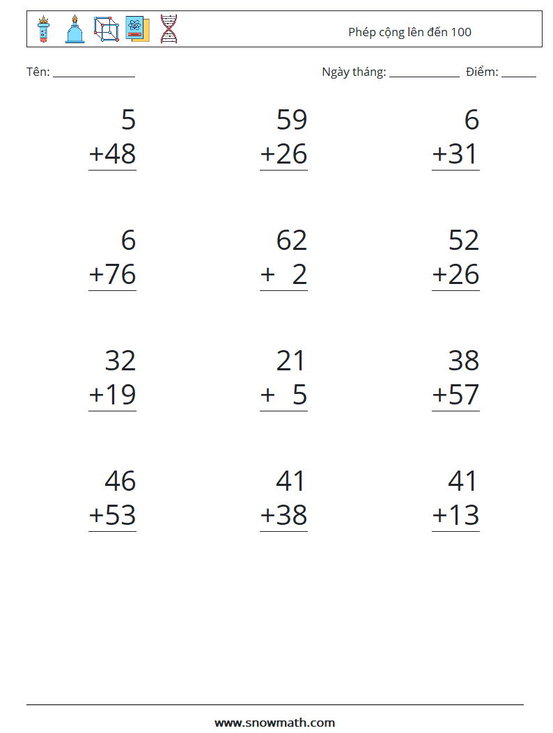(12) Phép cộng lên đến 100 Bảng tính toán học 18