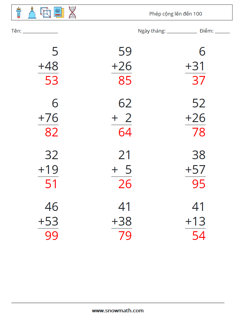 (12) Phép cộng lên đến 100 Bảng tính toán học 18 Câu hỏi, câu trả lời