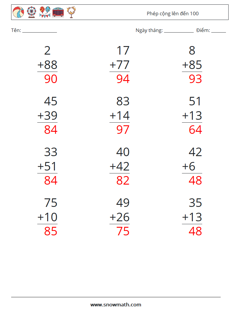 (12) Phép cộng lên đến 100 Bảng tính toán học 2 Câu hỏi, câu trả lời