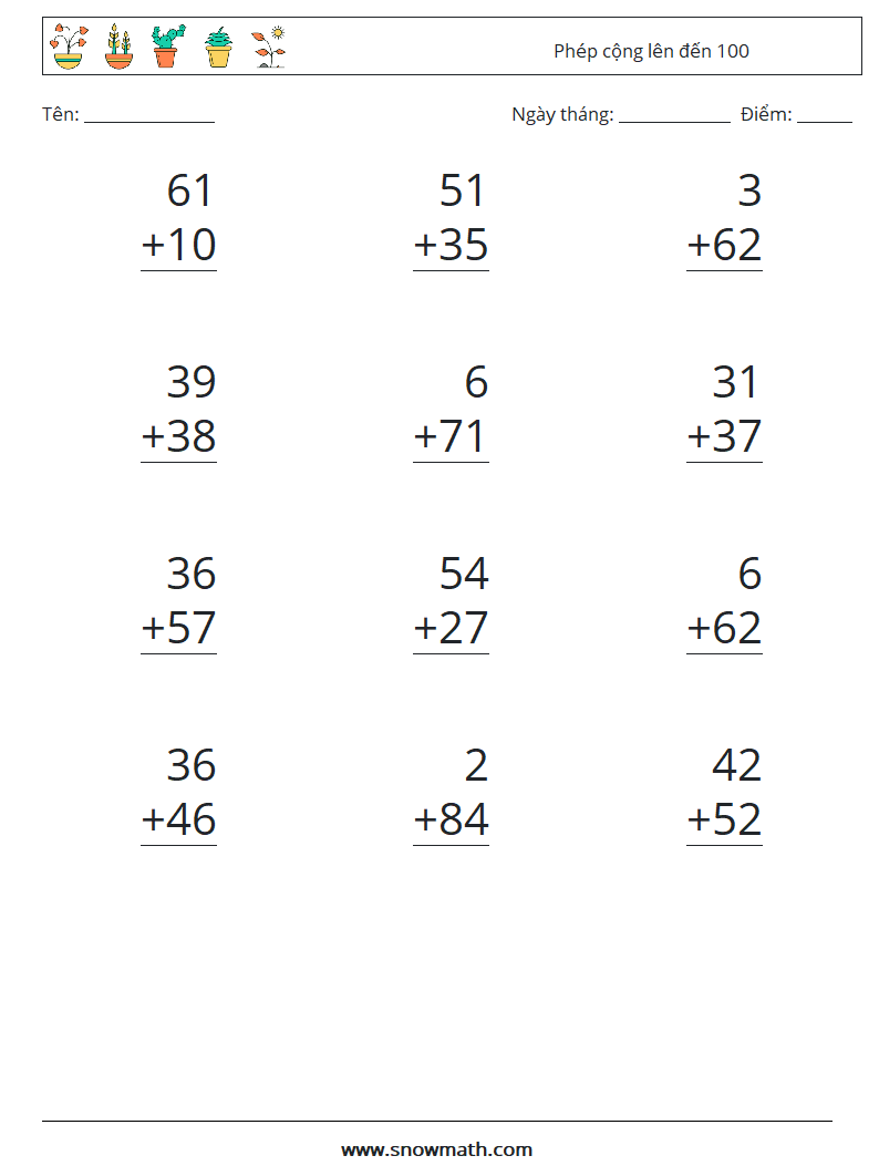 (12) Phép cộng lên đến 100 Bảng tính toán học 3