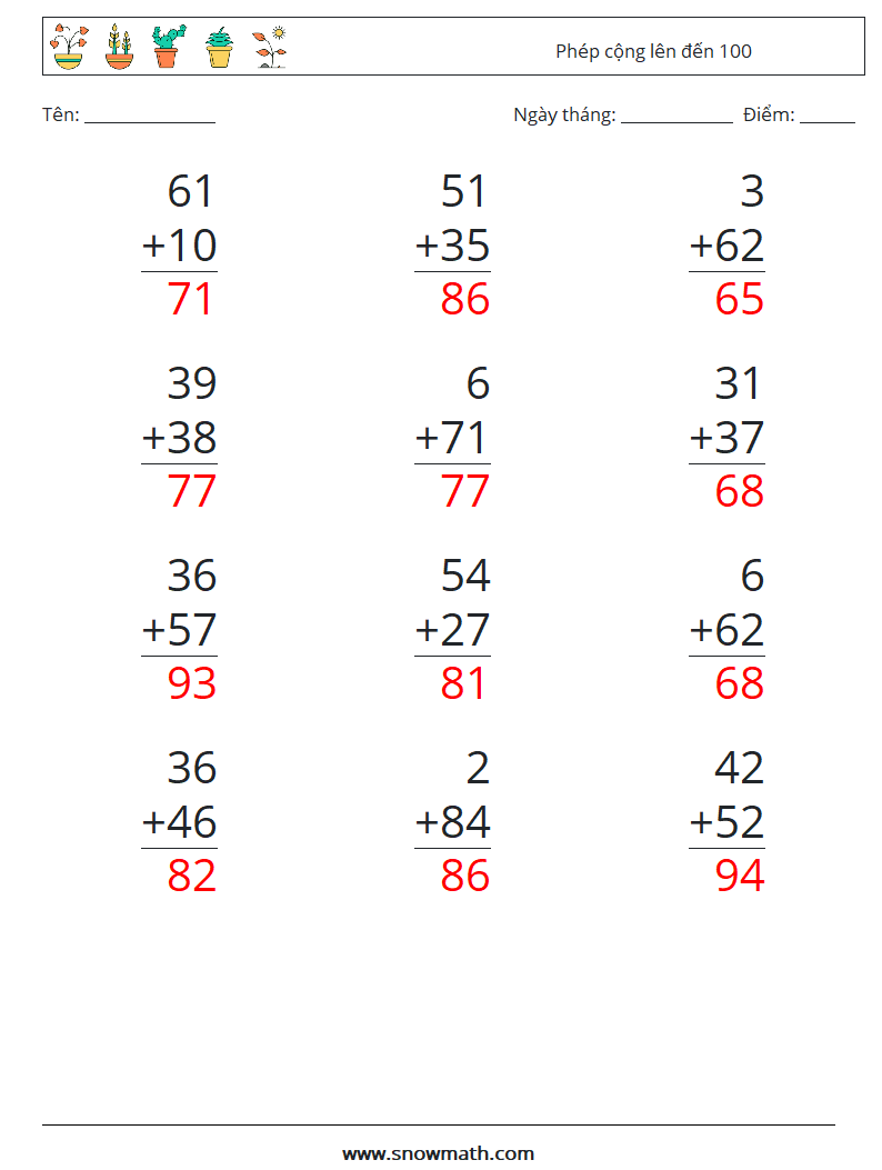 (12) Phép cộng lên đến 100 Bảng tính toán học 3 Câu hỏi, câu trả lời