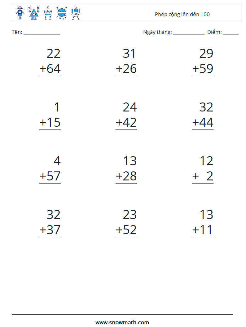 (12) Phép cộng lên đến 100 Bảng tính toán học 4