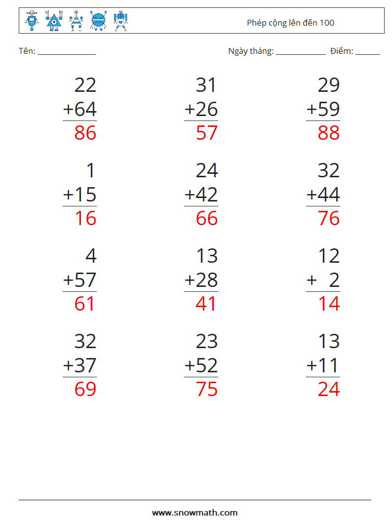 (12) Phép cộng lên đến 100 Bảng tính toán học 4 Câu hỏi, câu trả lời
