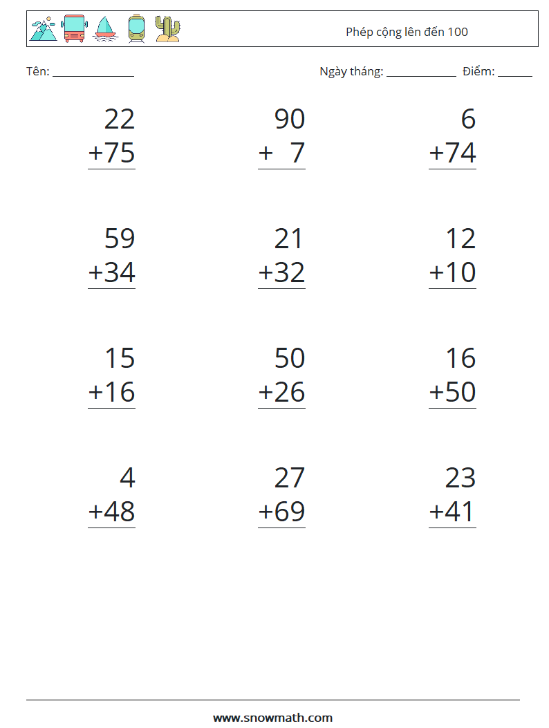 (12) Phép cộng lên đến 100 Bảng tính toán học 5