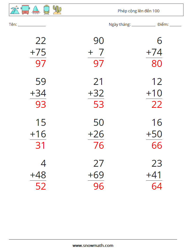 (12) Phép cộng lên đến 100 Bảng tính toán học 5 Câu hỏi, câu trả lời