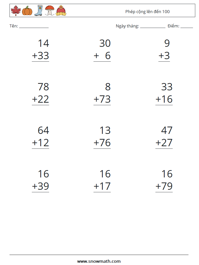 (12) Phép cộng lên đến 100 Bảng tính toán học 7