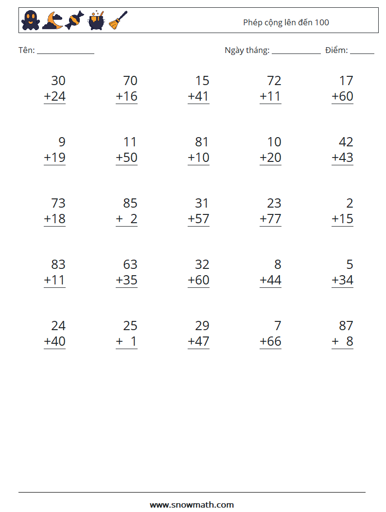 (25) Phép cộng lên đến 100 Bảng tính toán học 8