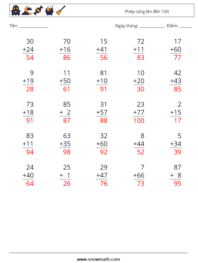 (25) Phép cộng lên đến 100 Bảng tính toán học 8 Câu hỏi, câu trả lời