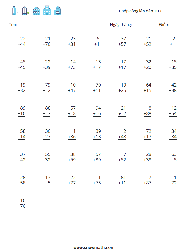(50) Phép cộng lên đến 100 Bảng tính toán học 3