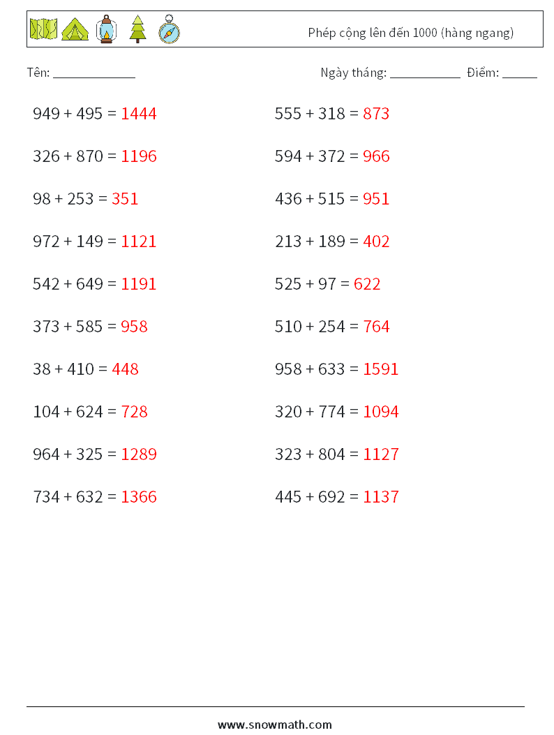 (20) Phép cộng lên đến 1000 (hàng ngang) Bảng tính toán học 4 Câu hỏi, câu trả lời