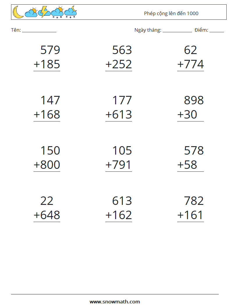(12) Phép cộng lên đến 1000