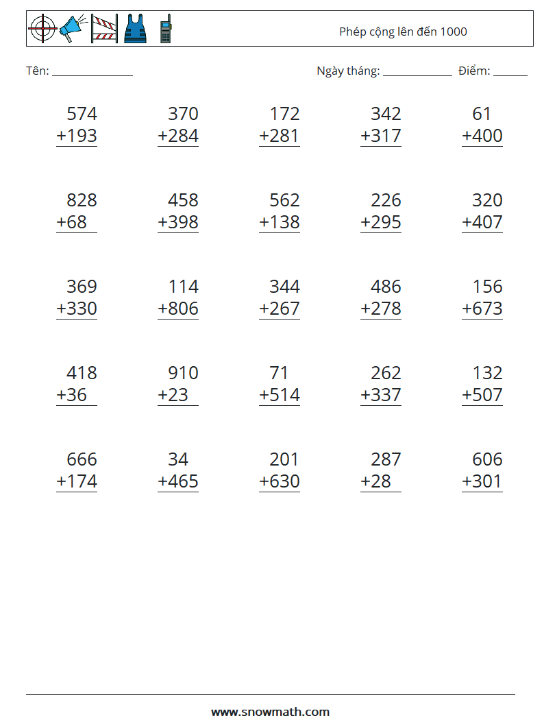 (25) Phép cộng lên đến 1000 Bảng tính toán học 10