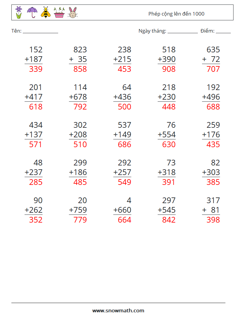 (25) Phép cộng lên đến 1000 Bảng tính toán học 12 Câu hỏi, câu trả lời