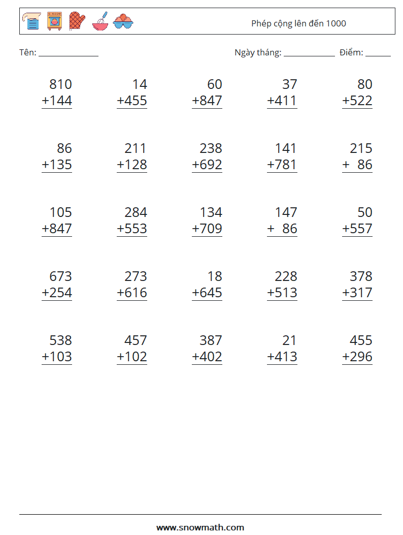 (25) Phép cộng lên đến 1000 Bảng tính toán học 13