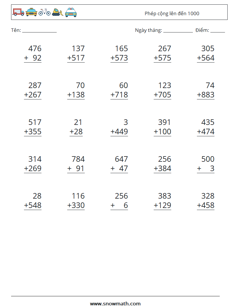 (25) Phép cộng lên đến 1000 Bảng tính toán học 15