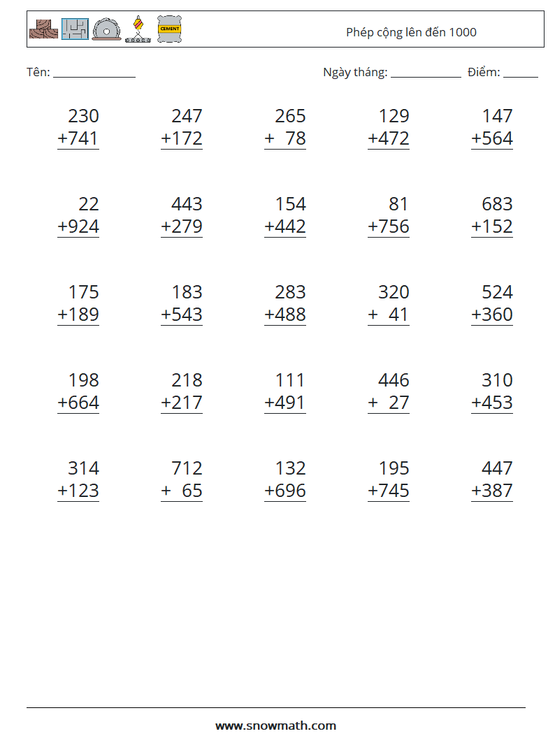 (25) Phép cộng lên đến 1000 Bảng tính toán học 17