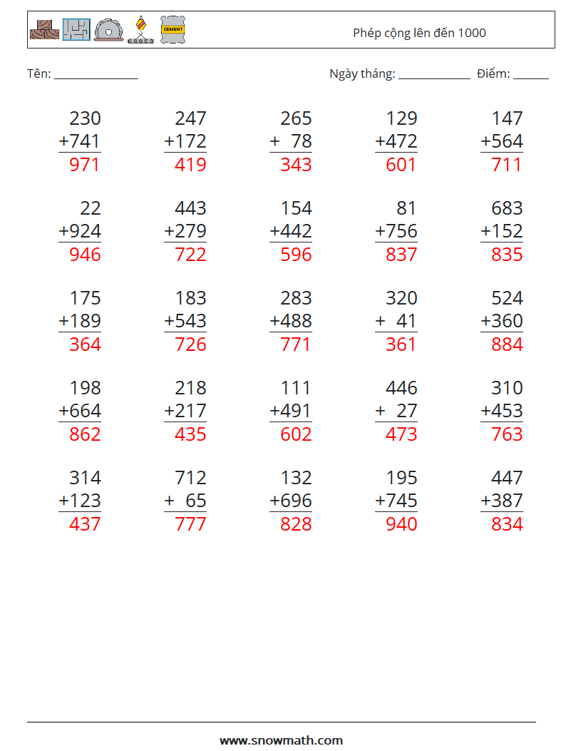 (25) Phép cộng lên đến 1000 Bảng tính toán học 17 Câu hỏi, câu trả lời