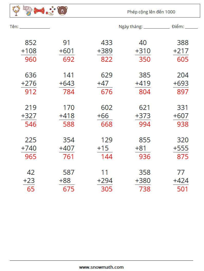(25) Phép cộng lên đến 1000 Bảng tính toán học 1 Câu hỏi, câu trả lời