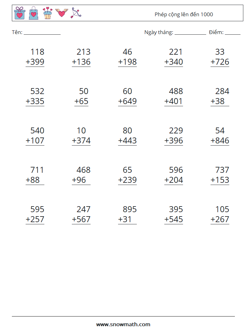 (25) Phép cộng lên đến 1000 Bảng tính toán học 2