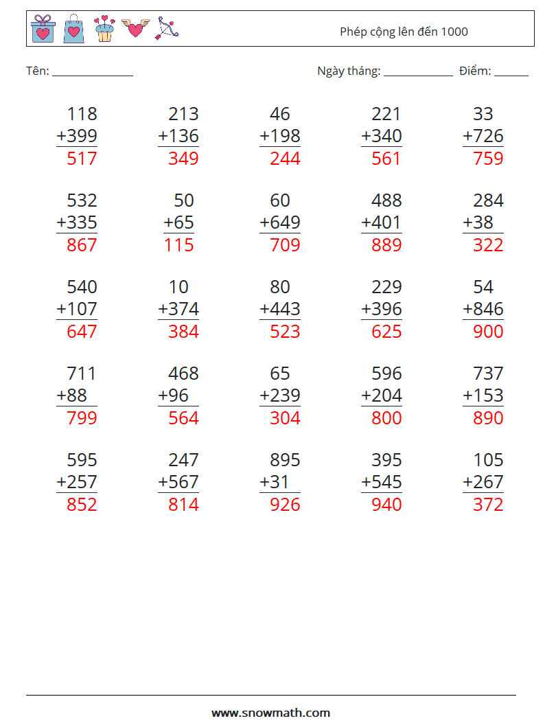 (25) Phép cộng lên đến 1000 Bảng tính toán học 2 Câu hỏi, câu trả lời