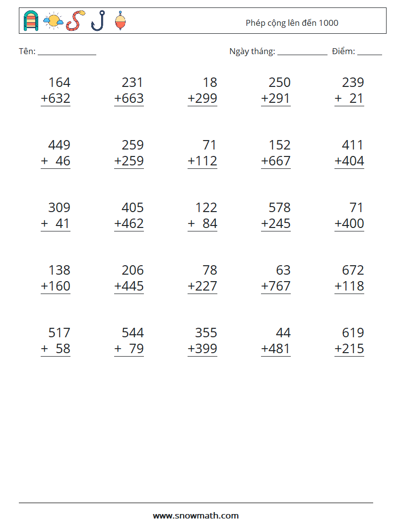 (25) Phép cộng lên đến 1000 Bảng tính toán học 3