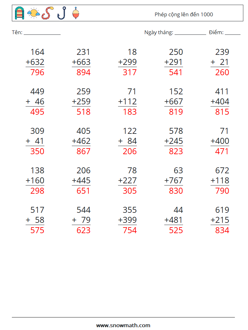 (25) Phép cộng lên đến 1000 Bảng tính toán học 3 Câu hỏi, câu trả lời