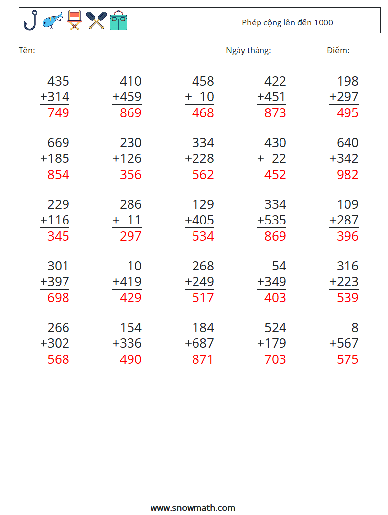 (25) Phép cộng lên đến 1000 Bảng tính toán học 4 Câu hỏi, câu trả lời