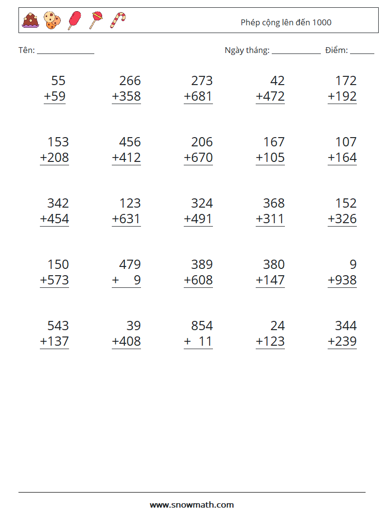 (25) Phép cộng lên đến 1000 Bảng tính toán học 5
