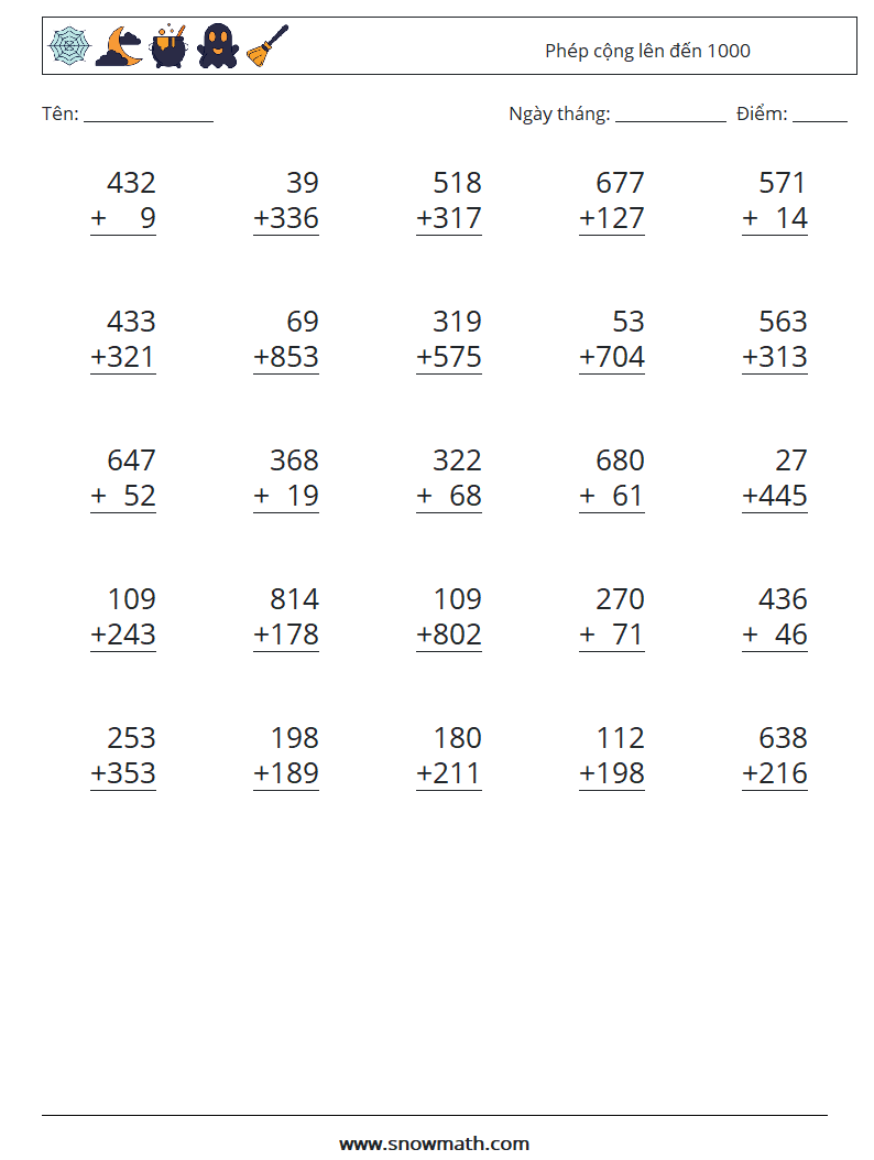 (25) Phép cộng lên đến 1000 Bảng tính toán học 6