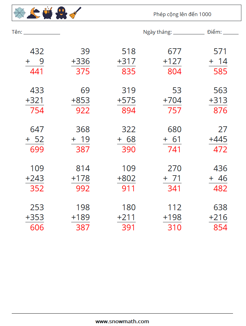 (25) Phép cộng lên đến 1000 Bảng tính toán học 6 Câu hỏi, câu trả lời