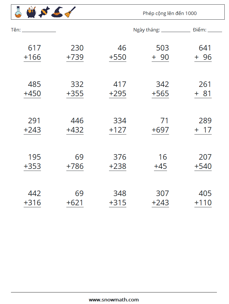 (25) Phép cộng lên đến 1000 Bảng tính toán học 9