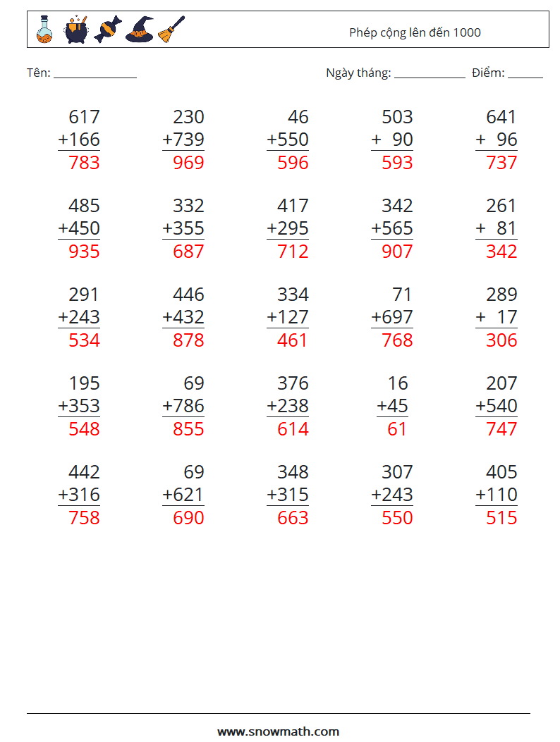 (25) Phép cộng lên đến 1000 Bảng tính toán học 9 Câu hỏi, câu trả lời