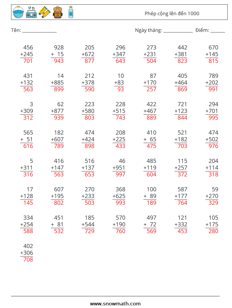 (50) Phép cộng lên đến 1000 Bảng tính toán học 12 Câu hỏi, câu trả lời