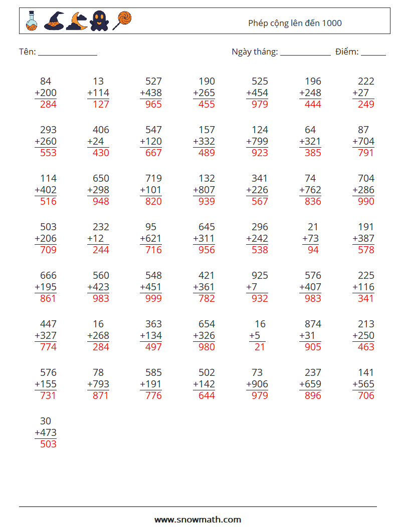 (50) Phép cộng lên đến 1000 Bảng tính toán học 2 Câu hỏi, câu trả lời