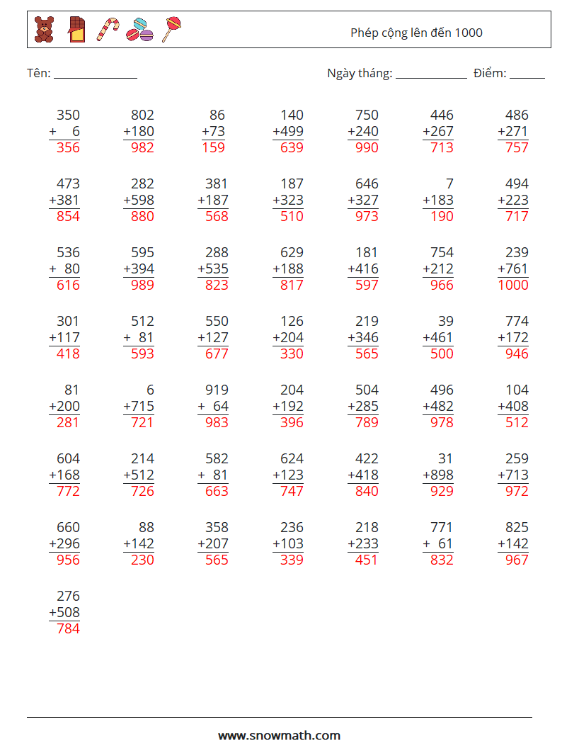(50) Phép cộng lên đến 1000 Bảng tính toán học 3 Câu hỏi, câu trả lời