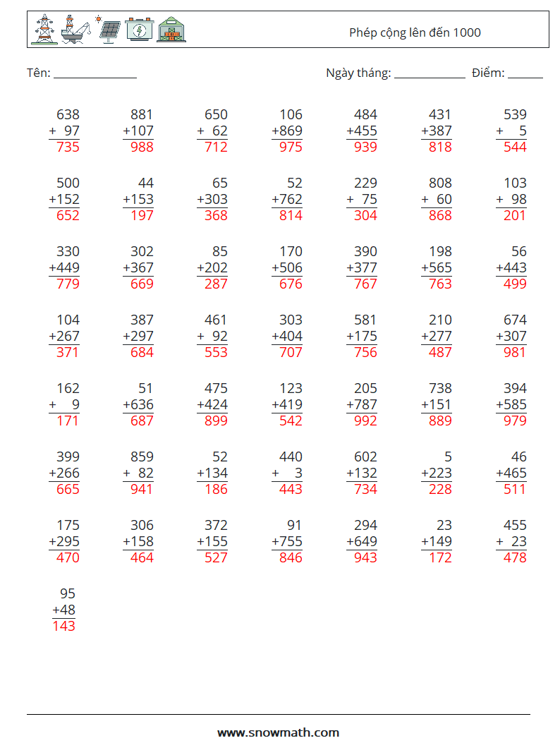 (50) Phép cộng lên đến 1000 Bảng tính toán học 7 Câu hỏi, câu trả lời