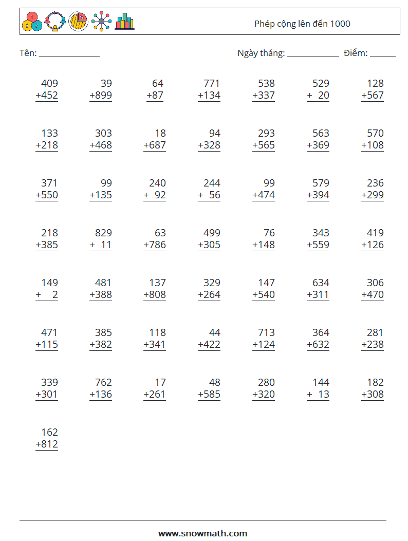 (50) Phép cộng lên đến 1000 Bảng tính toán học 9