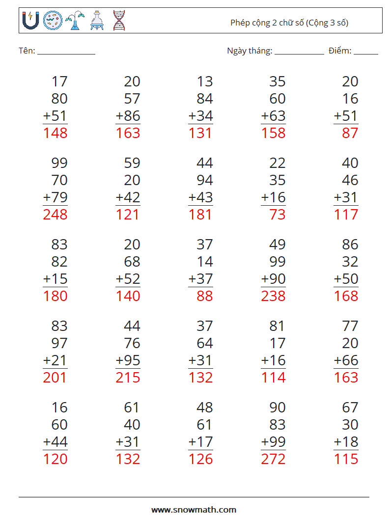 (25) Phép cộng 2 chữ số (Cộng 3 số) Bảng tính toán học 11 Câu hỏi, câu trả lời