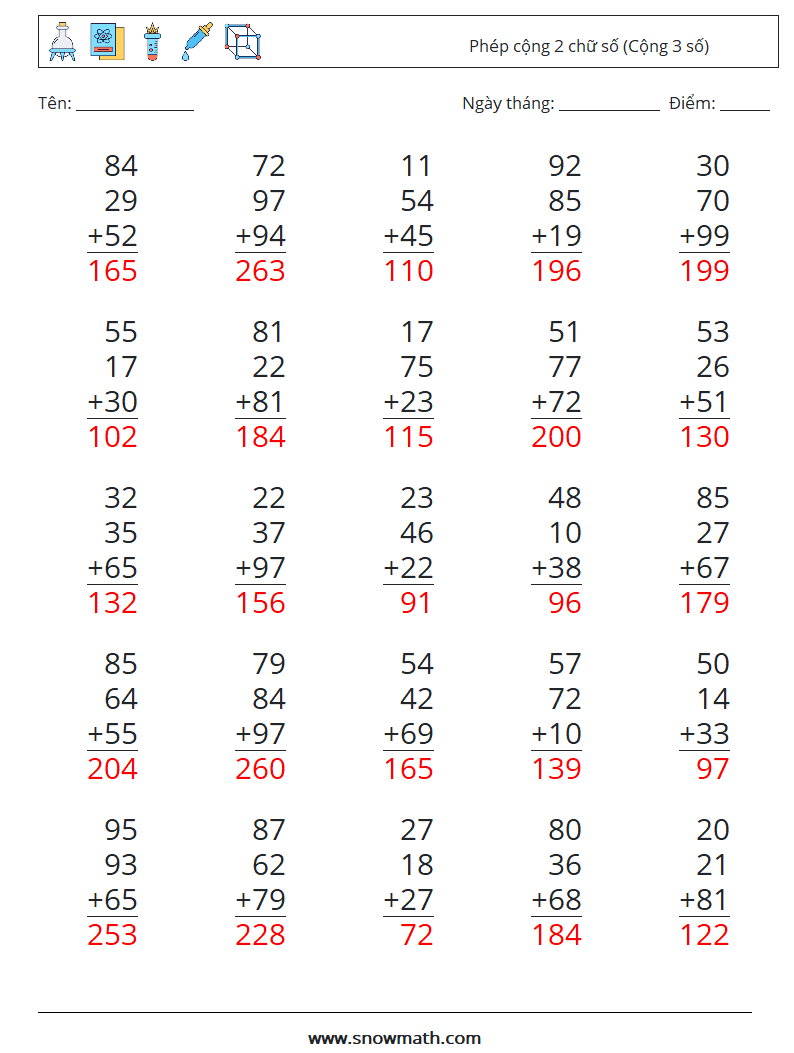 (25) Phép cộng 2 chữ số (Cộng 3 số) Bảng tính toán học 2 Câu hỏi, câu trả lời