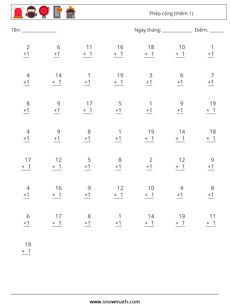 (50) Phép cộng (thêm 1) Bảng tính toán học 13