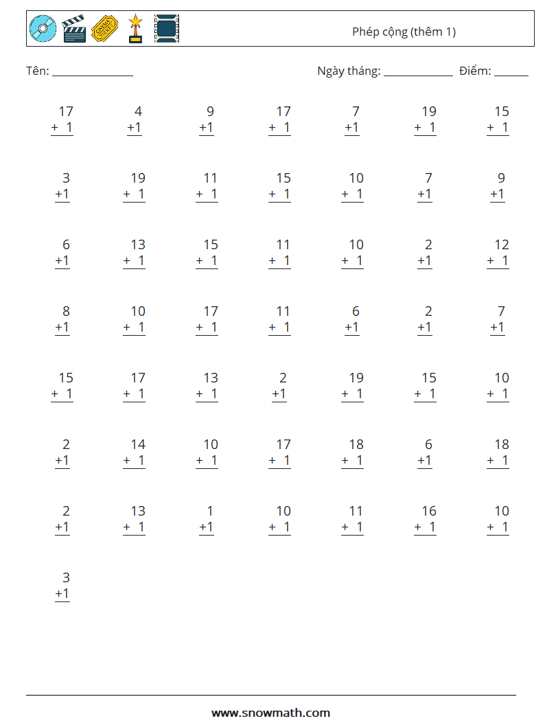(50) Phép cộng (thêm 1) Bảng tính toán học 15