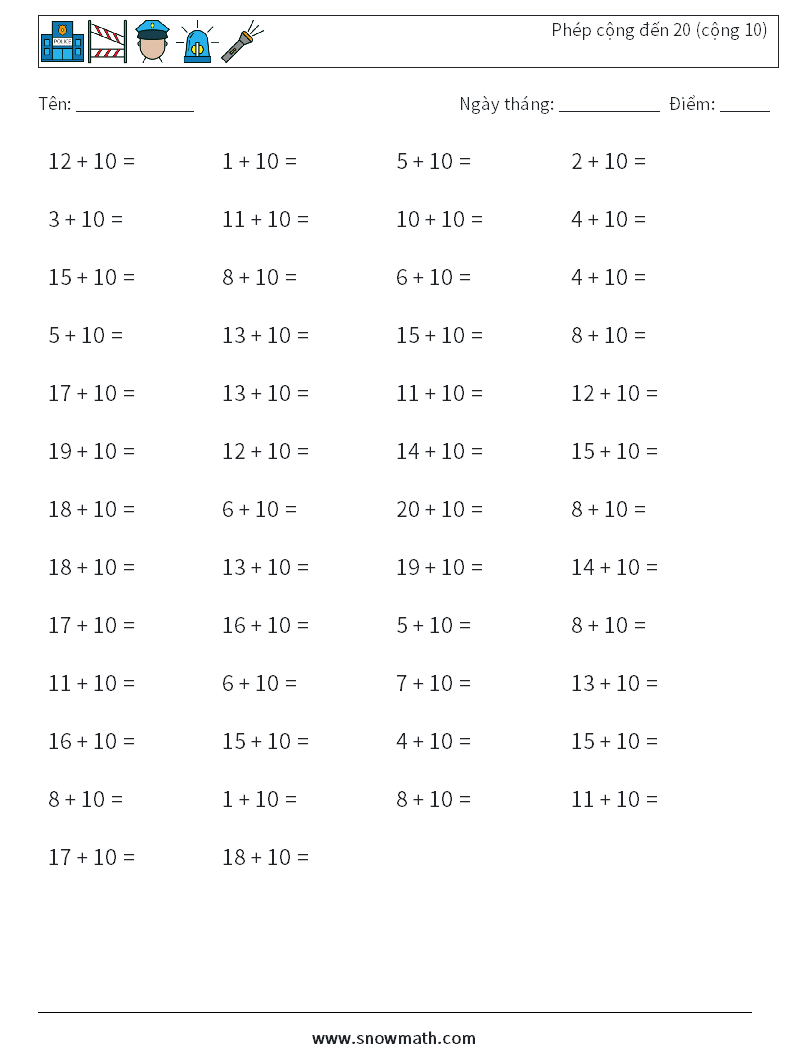 (50) Phép cộng đến 20 (cộng 10) Bảng tính toán học 9