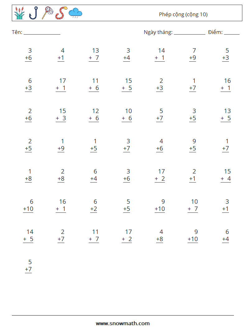 (50) Phép cộng (cộng 10) Bảng tính toán học 14