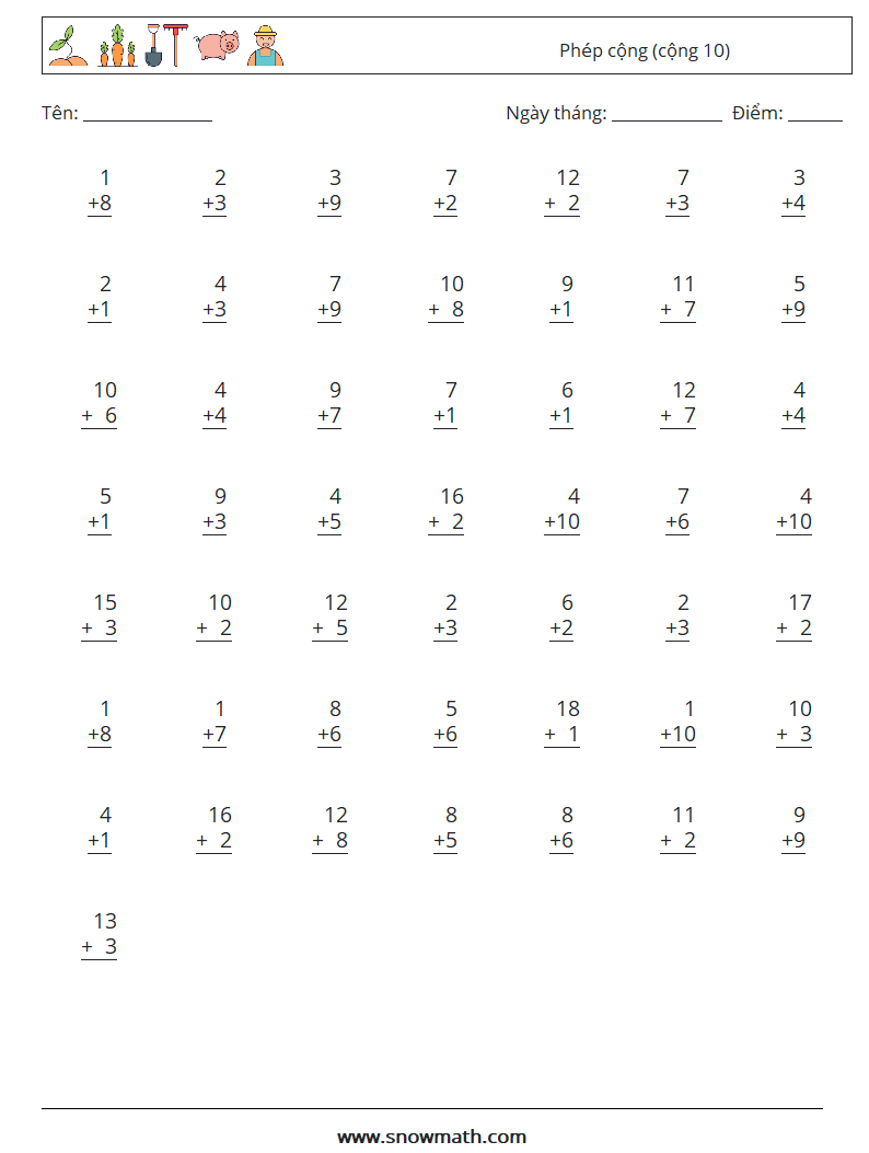 (50) Phép cộng (cộng 10) Bảng tính toán học 7